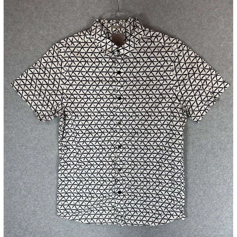 A Frame Shirt Mens XS White Black Geometric Short Sleeve Button Up Slim Fit Top